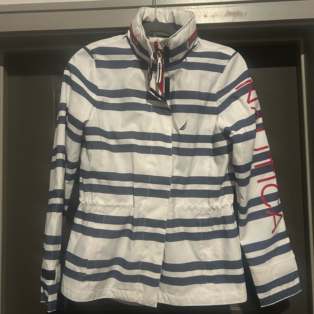 Nautica Women's Blue and White Striped Ski Jacket